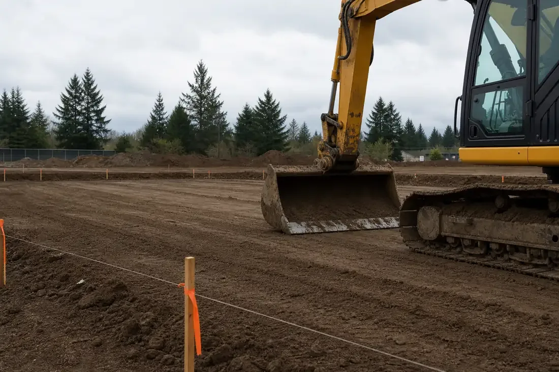 Excavator grading and leveling a dirt lot with grade stakes in Beaverton, OR