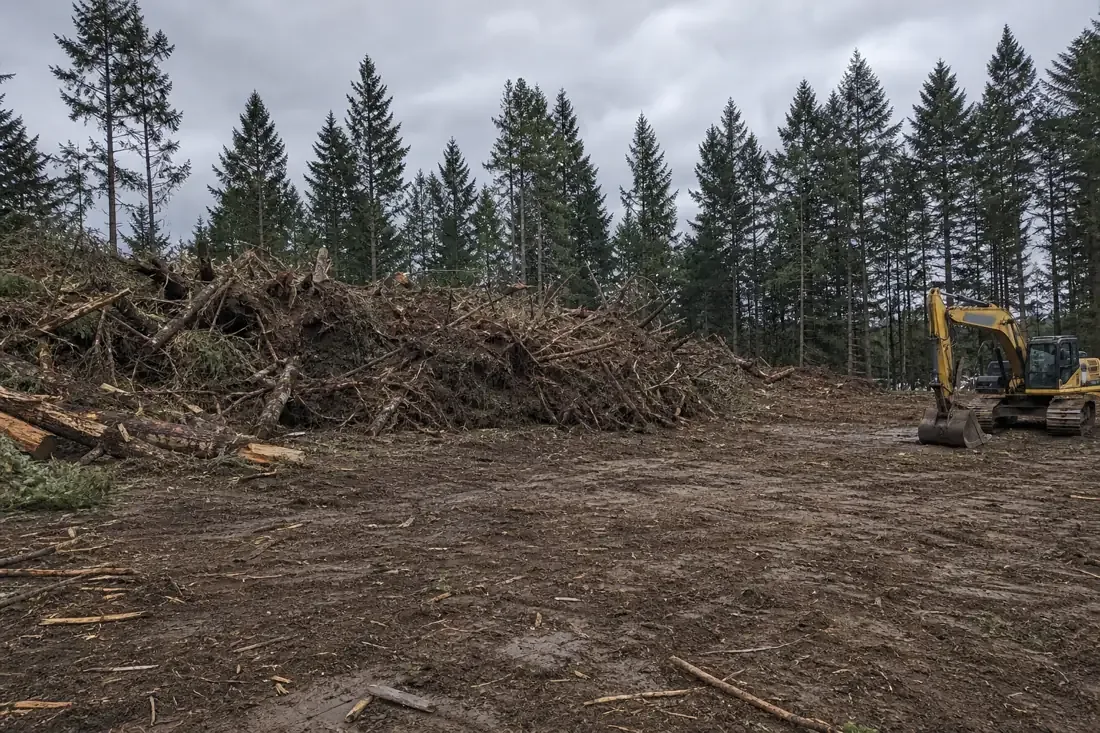 Rural Beaverton lot fully cleared of trees and brush with debris pile and excavator