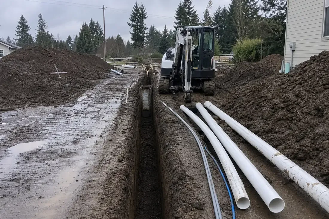 Utility trenching for water and sewer lines on a Beaverton, OR job site